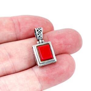 Vintage Sterling Silver 925 Red Enamel Floral Reversible Pendant